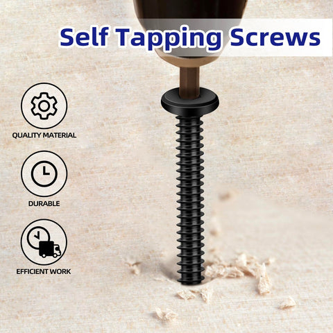 M4 x 12mm Black Self Tapping Screw being installed in wood, 304 stainless steel, flat head hex socket with drive bit