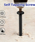 Black self tapping screw being drilled into wood, labeled for quality material, durability, efficiency; close-up view.