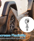 Knockout Quarter Inch Rod End Kit With Right And Left Hand Threads And Jam Nuts For Traction Bars and Steering Linkage Beefy Chrome Plated Steel For Garage Undercarriage Builds, featuring a close-up of a chrome rod end and off-road vehicle.