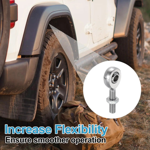 Knockout Quarter Inch Rod End Kit With Right And Left Hand Threads And Jam Nuts For Traction Bars and Steering Linkage Beefy Chrome Plated Steel For Garage Undercarriage Builds, featuring a close-up of a chrome rod end and off-road vehicle.