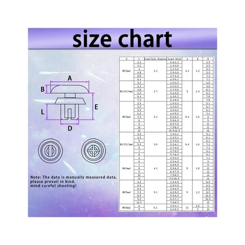 Size chart for No Sweat Job With These Badass Nylon Pcb Rivet Clips Assorted Black Cable Fasteners dimensions and specifications.