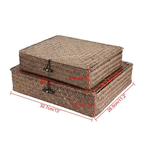 Set Of Two Handwoven Seagrass Storage Baskets With Lids Flat Wicker Organizer Boxes Perfect For Keeping Your Space Chill And Tidy Game Changer For Home Organization Closet Laundry Toy Sorting