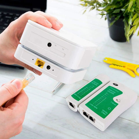 Hands using 9 In 1 Portable Crimping Tool Kit For Network Cabling And Phone Lines With RJ45 RJ11 RJ12 Connectors Cable Tester