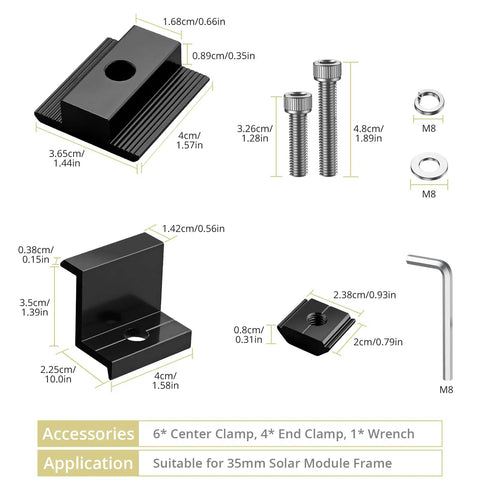 Image of 10 Pack Solar Panel Mounting Brackets 1.38 Inch Aluminum Alloy Roof Clamps With 304 Stainless Steel Fasteners, showing clamps and screws.