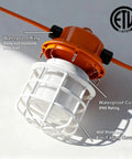Close-up of 100Ft LED Construction String Lights 150W Industrial Grade with IP65 waterproof cover and hook for jobsite use.