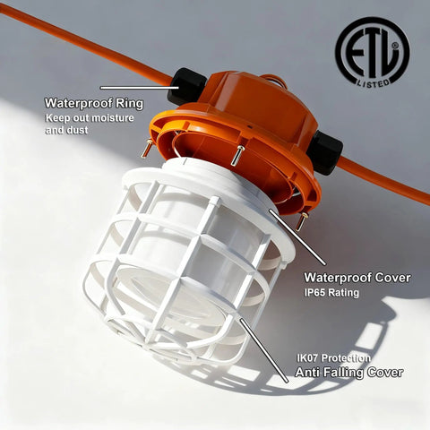 Close-up of 100Ft LED Construction String Lights 150W Industrial Grade with IP65 waterproof cover and hook for jobsite use.