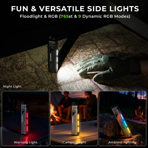 Person using Ultra Bright 3000 Lumen USB C Rechargeable Flashlight, IP68 Waterproof Handheld LED on a map, multiple light modes shown