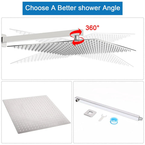 High Pressure Square Rain Shower Head With 16 Inch Chrome Head And 20 Inch Stainless Steel Extension Arm adjustable angle