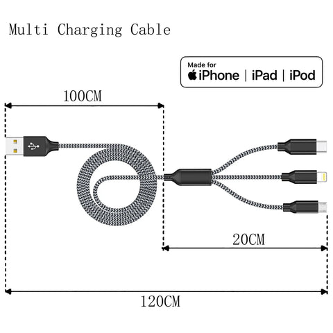 Three Pack Four Foot Three In One USB Charging Cable Set MFi Certified Fast Charge For Lightning USB C And Micro USB Multi Charging Cord Durable Nylon Braided Great For Travel On The Go Must Have, 100cm braided cable