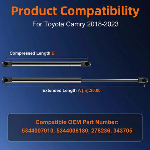 Set Of 2 Premium Front Hood Strut Lift Supports For Toyota Camry 2018 2019 2020 2021 2022 2023 shown with 25-inch length.