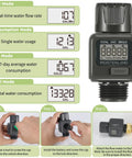 Water Flow Meter For Garden Hose With IPX6 Waterproof LCD Display showing various usage modes and installation steps