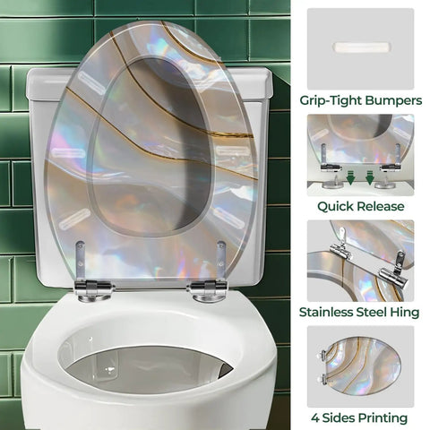 Elongated Toilet Seat with Cover for Bathroom featuring grip-tight bumpers and stainless steel hinge on a white toilet.