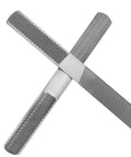 Premium High Carbon Steel 4 Pack Wood Rasp File Set Featuring Heavy Duty Grips and Kickass Precision Teeth angled view of two files with different textures