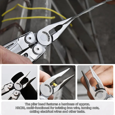 Everyday Carry 18 In 1 Multitool Pliers Set With Graded Hardness Steel showing wire-cutting action.