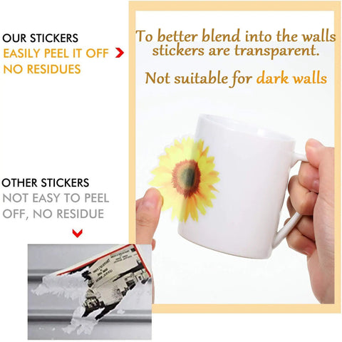 72 Pieces Sunflower Wall Sticker Set Peel And Stick 3D Removable Waterproof Decals demonstration on a mug