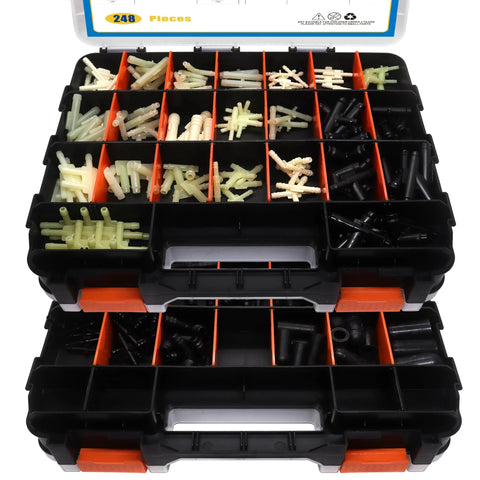 Front view of automotive vacuum tubing connectors and vacuum caps assortment kit in a black plastic organizer with orange dividers, 248-piece set