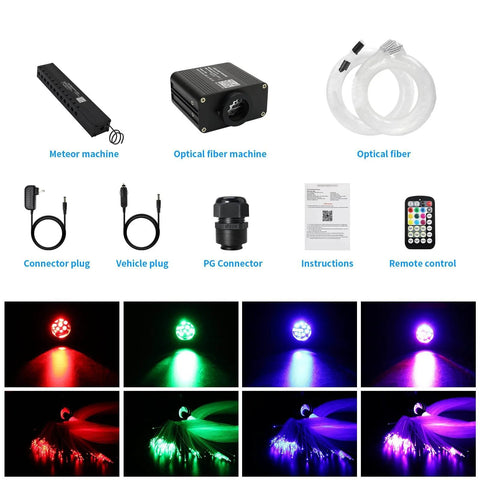 Components of Upgraded 600Pcs Fiber Optic Shooting Star Headliner Kit with Dope Twinkle and Meteor Mode, including remote control.