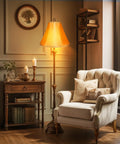 Gold Bell Lamp Shades Set Of 2 For Table Lamps Traditional Linen Spider Shade With Elegant Gold Fabric in cozy living room scene