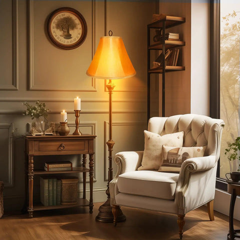 Gold Bell Lamp Shades Set Of 2 For Table Lamps Traditional Linen Spider Shade With Elegant Gold Fabric in cozy living room scene