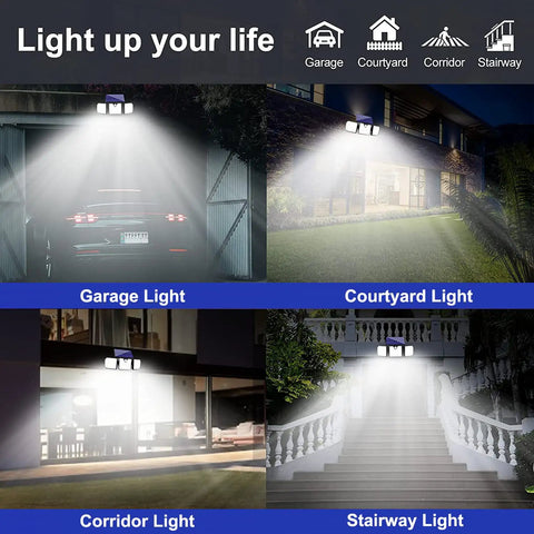 Ultra Bright Solar Motion Lights Outdoor 230 LED 2200LM Three Head Flood Light With Motion Sensor lighting garage and yard