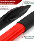 Close-up of 2 To 1 Ratio Heat Shrink Tubing 50mm Black Polyolefin Sleeving Roll on red cable, flame retardant features shown.