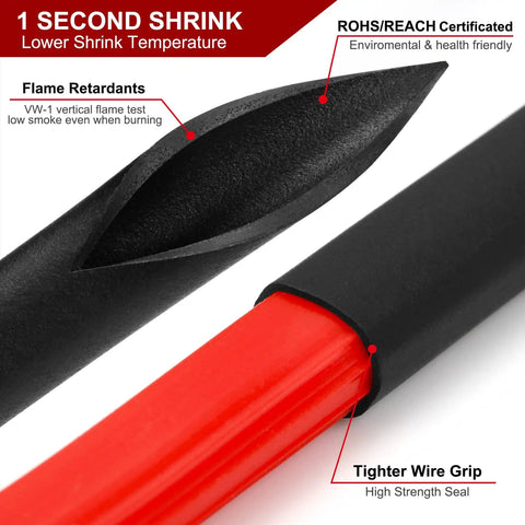 Close-up of 2 To 1 Ratio Heat Shrink Tubing 50mm Black Polyolefin Sleeving Roll on red cable, flame retardant features shown.