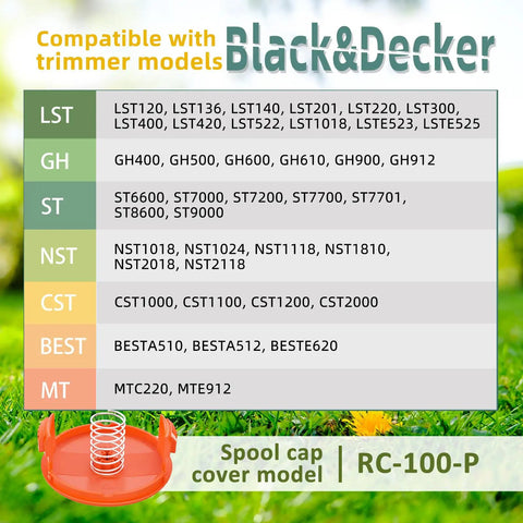 Black & Decker compatible trimmer model chart and spool cap RC-100-P for 16 Pack Autofeed Weed Eater String For Black Decker