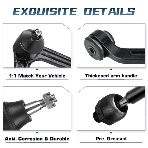 Ram 1500 2WD Front Upper Control Arm With Ball Joints Kit For 2002 2003 2004 2005 Dodge Ram 1500 Includes Outer Tie Rod End And Inner Tie Rod End Sway Bar Links Suspension Kit 10 Piece, black steel arm close-up