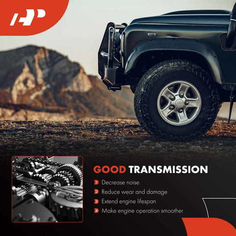 Close-up view of vehicle front wheel and transmission system illustration with text 'Good Transmission' beside mountain scenery backdrop.