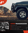 Side view of a vehicle showcasing transmission features with text highlights benefits like reduced noise and wear, and extended engine lifespan.
