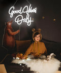 Good Vibes Only Neon Sign Wall Decor White Neon Light For Bedroom Bar Wedding Engagement Christmas Valentine’s Day Birthday Party 16.9 x 9 Inch Clear Acrylic Neon Strip Light above child in bear-themed room