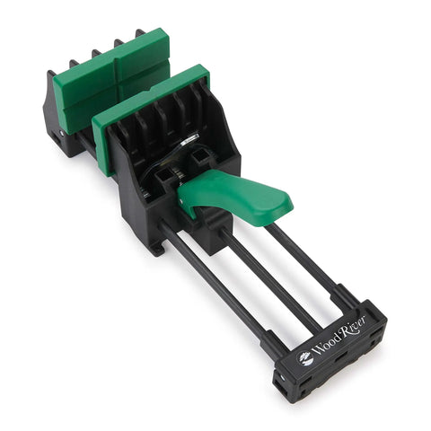 Rock Solid 6 Inch Quick Action Bench Vise With 300 Pound Clamping Power Easy Clamp Mount shown from above with rubber jaws.
