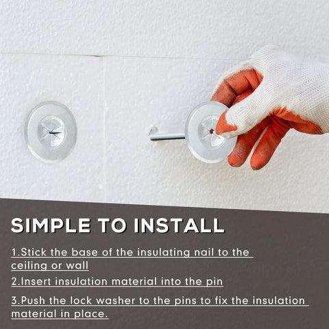 1.5-inch perforated insulation pin with galvanized self-locking washer for wall or ceiling; gloved hand installing.
