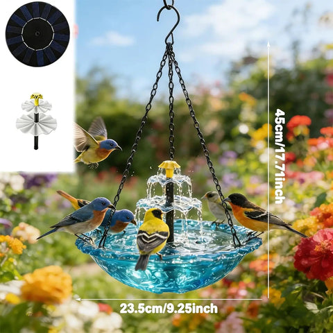 Sun Powered Hanging Bird Bath Fountain Three Layer Cascade For Outdoor Garden Yard Patio Backyard Lawn Decor Attract Hummingbirds And Small Birds With Easy Setup No Wires Or Electricity Needed in garden with birds.