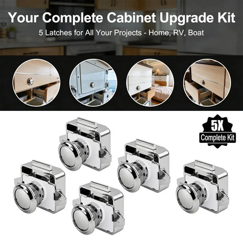 Push Button Cabinet Door Lock 5 Pack For Boats RVs Yachts Campers And Caravans Marine Drawer Latches Cupboard Push To Open Closures ABS Body With Zinc Alloy Chrome shown in packaging and installed in drawers