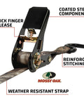 Mossy Oak Break Up Infinity Camo 1 Inch By 8 Foot Ratchet Tie Down Straps showing coated components and reinforced stitching.