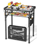Portable Folding Grill Table With 3 Level Adjustable Height For Outdoors with snacks, drinks, and folded table underneath