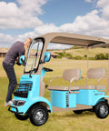 Cruise Comfortably With This Badass 4 Passenger Electric Golf Cart packing a roomy cargo trunk and gutsy 800W motor viewed in a field.