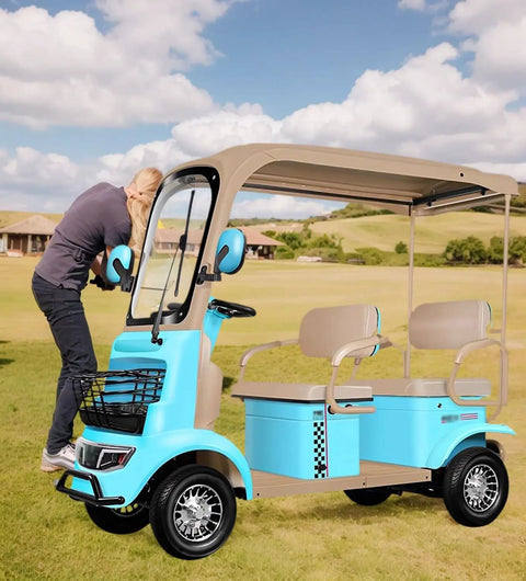Cruise Comfortably With This Badass 4 Passenger Electric Golf Cart packing a roomy cargo trunk and gutsy 800W motor viewed in a field.