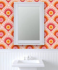 Bold Pink Geometric Sun Wallpaper With Matte Linen Texture Paste To Paper Accent Wall Roll, 2ft by 27ft, displayed in bathroom.