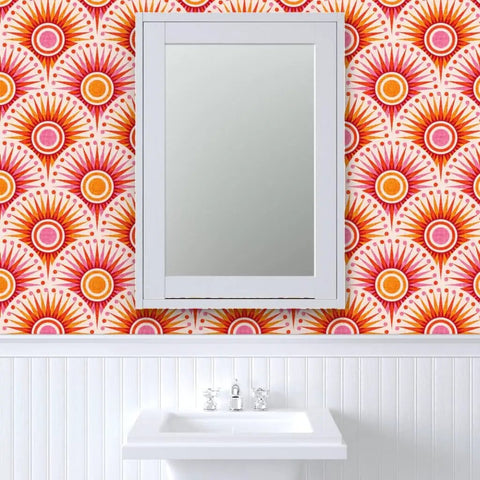 Bold Pink Geometric Sun Wallpaper With Matte Linen Texture Paste To Paper Accent Wall Roll, 2ft by 27ft, displayed in bathroom.