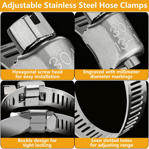 Close-up details of Forty Pack Beefy Built Adjustable Stainless Steel Hose Clamps 10 To 70mm Worm Gear Duct Pipe Clamp.