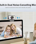Sweet 120 Degree Wide Angle Webcam Loaded With Punchy Noise Canceling Mic For Zero Glitch Boardroom Meetings And Totally Hassle Free Telecommuting Video Calls On Any Desktop placed above a computer screen with dual microphones visible.