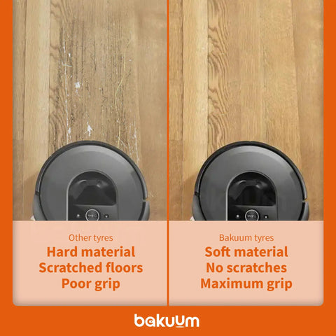 Comparison of Roomba tires showing hard material with scratches versus soft material with no scratches and maximum grip.