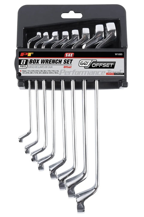 8 Piece Offset SAE Box Wrench Set With 12 Point Box End Design For Easy Access And Increased Torque In Tight Spaces on display
