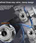 Close up of refined three-way valve and clamp on Tough As Nails Pneumatic Bottle Filler for easy inner tank cleaning.