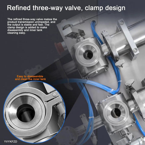 Close up of refined three-way valve and clamp on Tough As Nails Pneumatic Bottle Filler for easy inner tank cleaning.