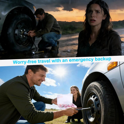 Self Service Emergency Tire Repair Kit with 60 rubber nail plugs and screwdriver used on a car tire in two different scenarios