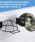Side view of Six Pack Slat Wall Hat Display Racks Wire Headwear Organizer holding a camouflage baseball cap on a slatwall