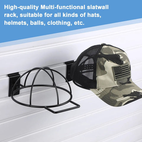 Side view of Six Pack Slat Wall Hat Display Racks Wire Headwear Organizer holding a camouflage baseball cap on a slatwall